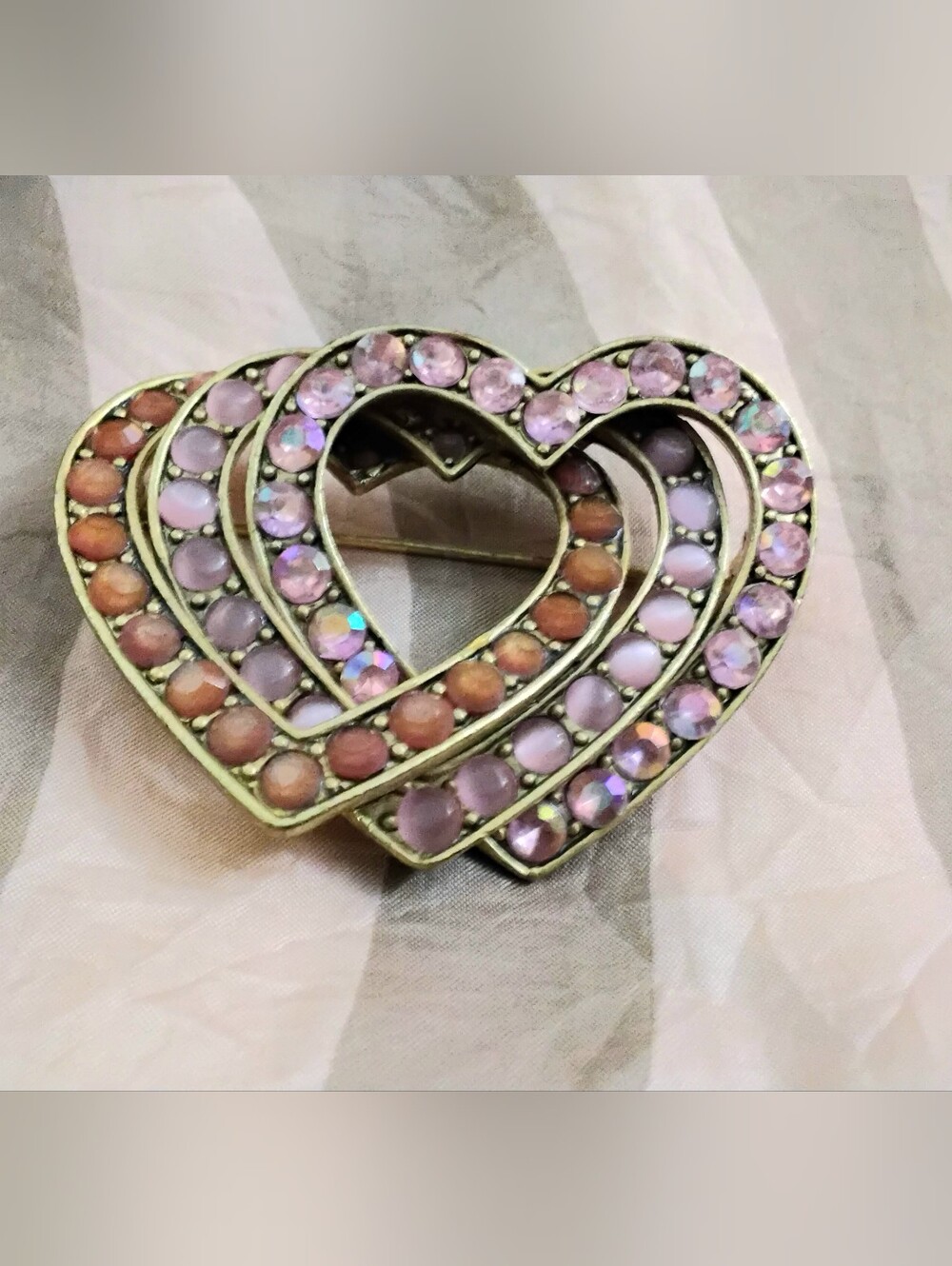 Vintage Liz Claiborne Triple Heart Pin/ Brooch Pink Stone